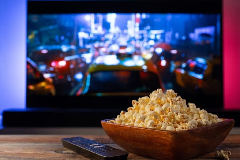 Pote de pipoca na frente de uma TV.