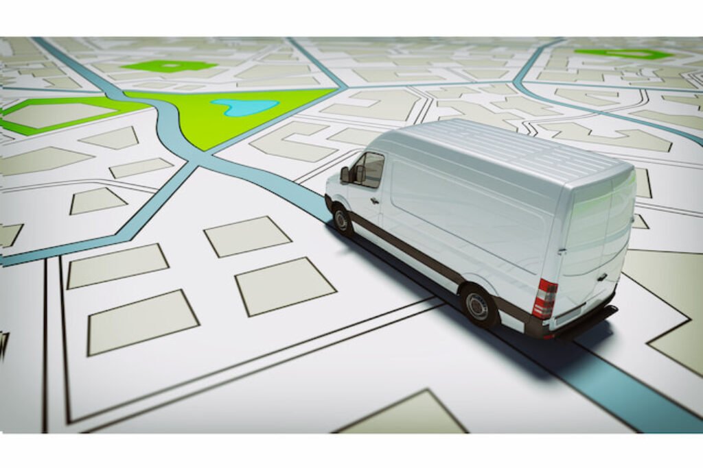 Ilustração de uma kombi andando em um mapa de GPS.