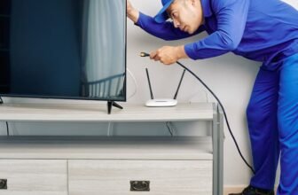 Uma homem instalando uma melhor antena digital interna em um televisor.