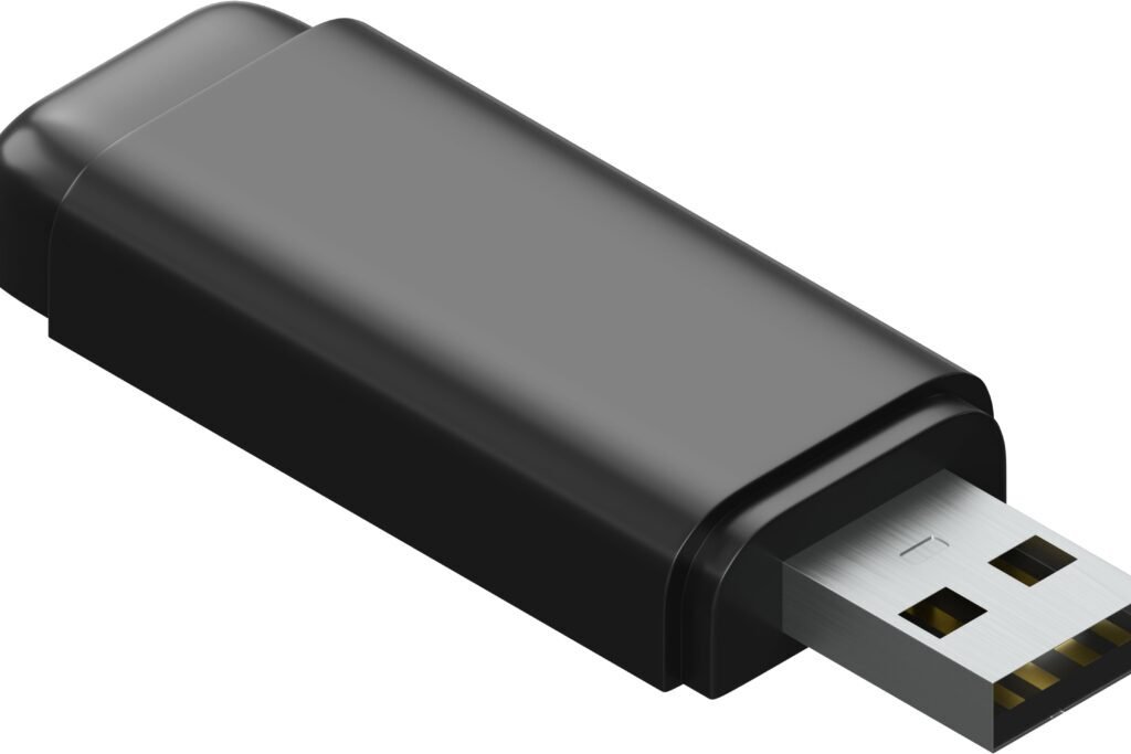 Adaptador Wi-Fi preto simples em um fundo branco.