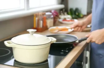 Uma panela de cerâmica ao lado de uma frigideira em um cooktop.