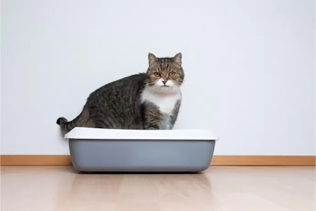 Um gato em cima da caixa de areia.