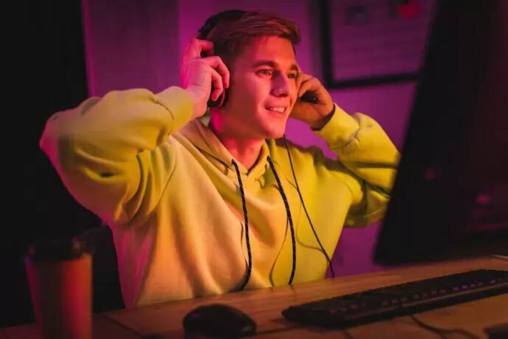 Menino colocando a mão no headset.
