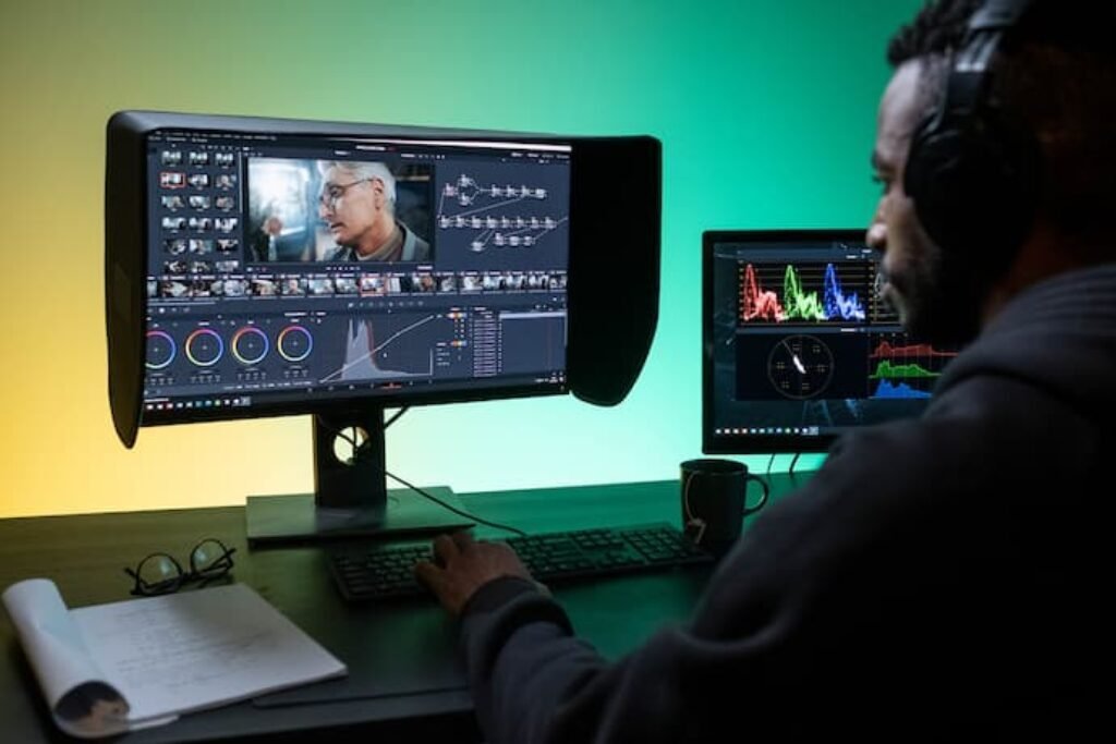 Um editor editando vídeos em um monitor.