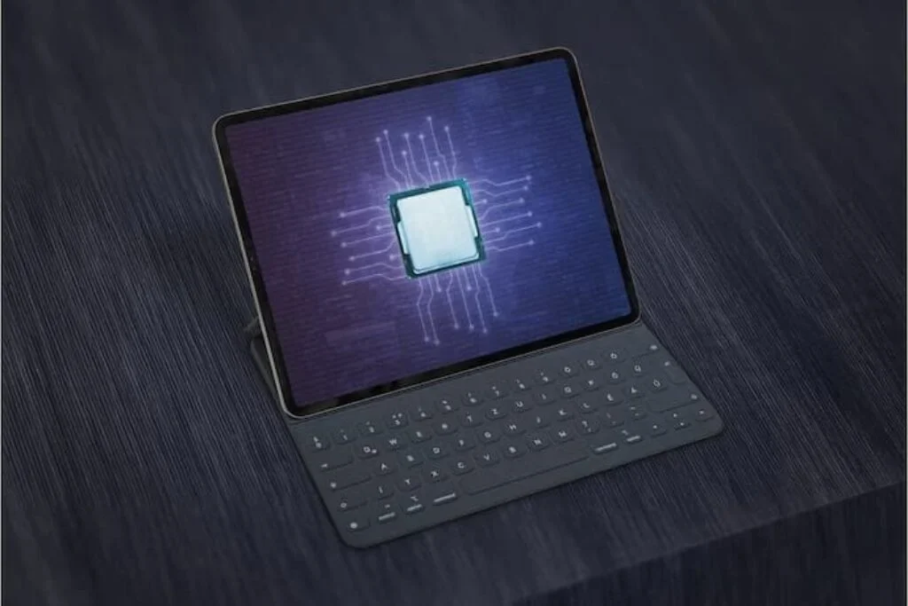 Um processador sendo demonstrado na tela de um iPad que está conectado em um teclado.