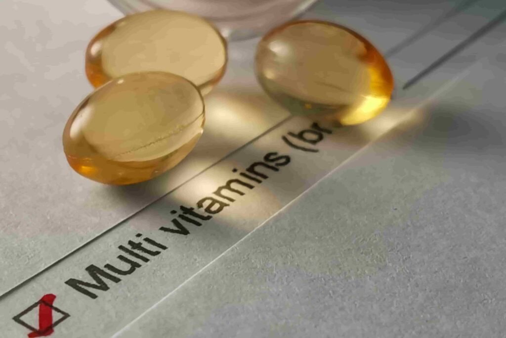Cápsulas de multivitamínicos ao lado de um papel com as palavras "Multi vitamins".