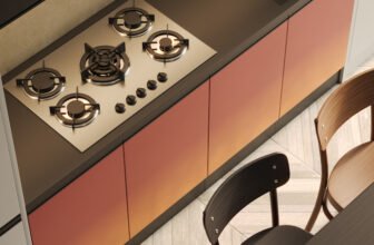 Cooktop de cinco bocas em uma cozinha.