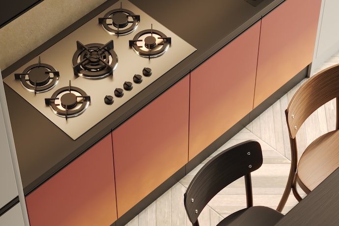 Cooktop de cinco bocas em uma cozinha.
