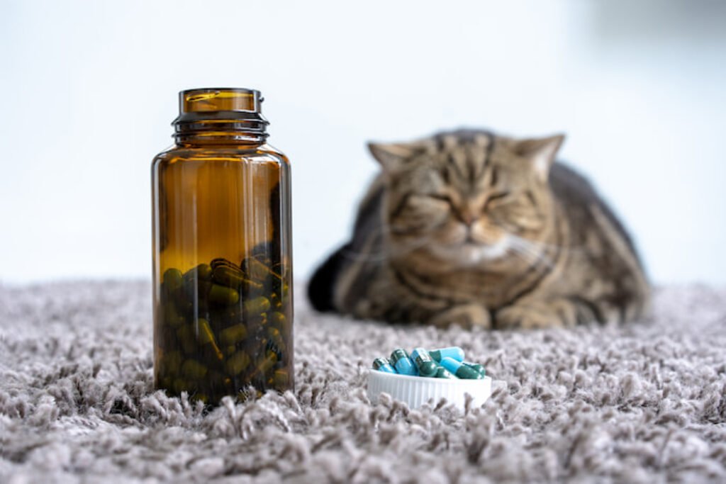 Gato rajado atrás de um frasco de comprimidos.