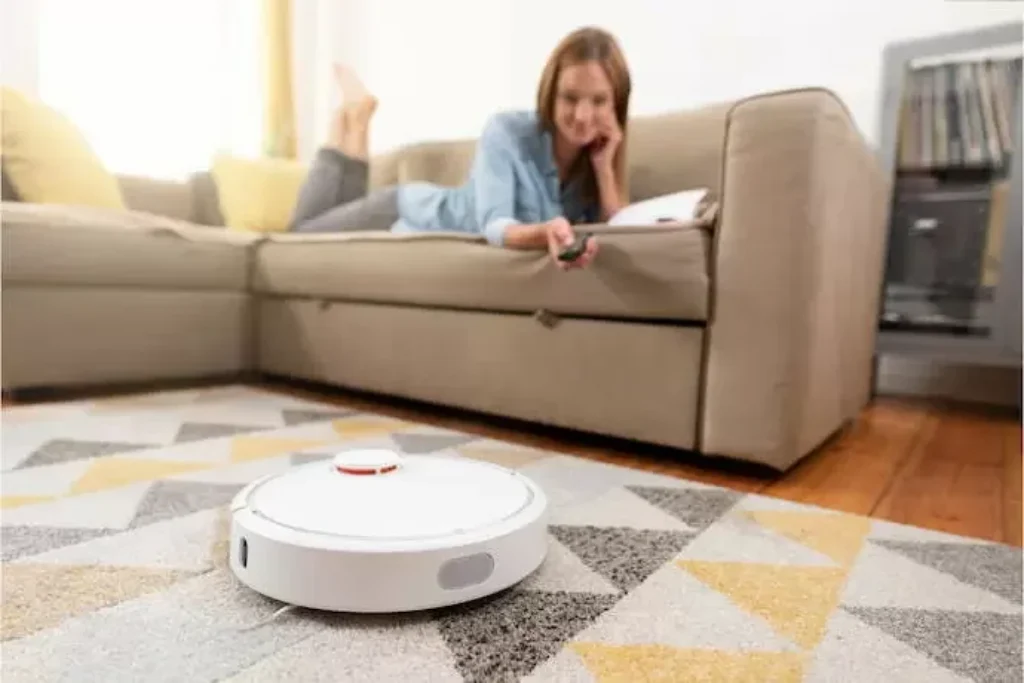Um robô aspirador passa pano aspirando um tapete, enquanto uma menina deitada no sofá observa.