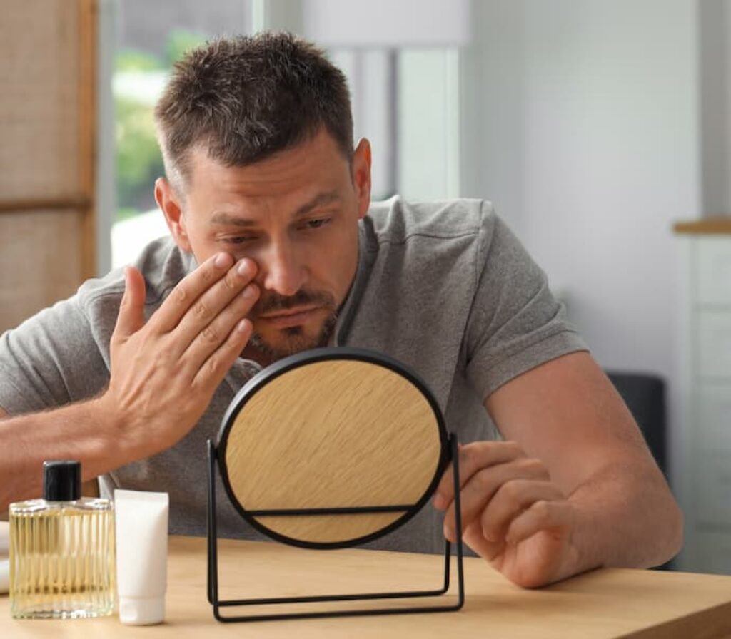 Um homem passando corretivo ao redor dos olhos.