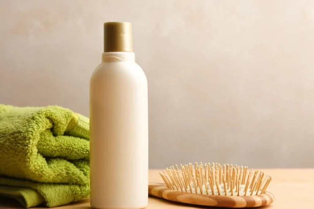 Uma embalagem de creme, uma escova e uma toalha em cima de uma mesa.
