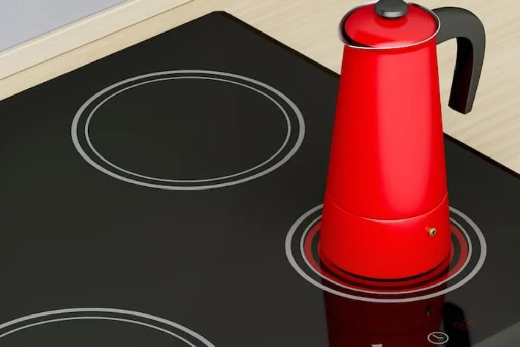 Ilustração de um cooktop elétrico aquecendo uma chaleira.