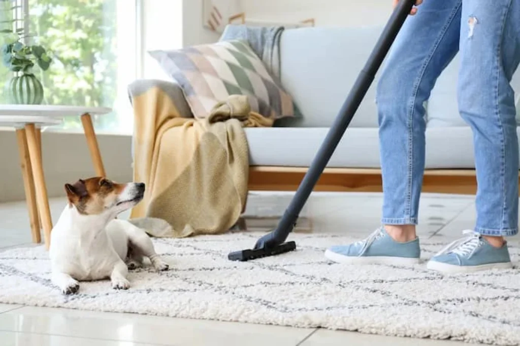 Uma pessoa limpando a casa com um dos melhores aspiradores de pó verticais, perto de um cachorro que está em cima de um tapete.