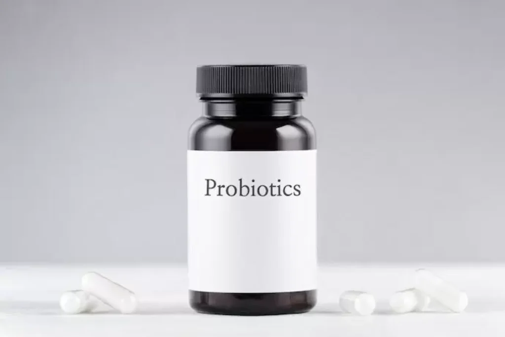 Um frasco fechado de probióticos.