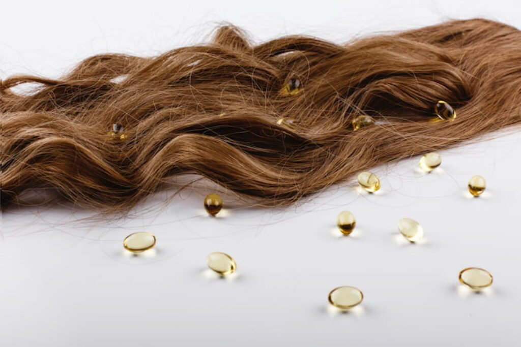 Mecha de cabelo com cápsulas gelationas ao lado.