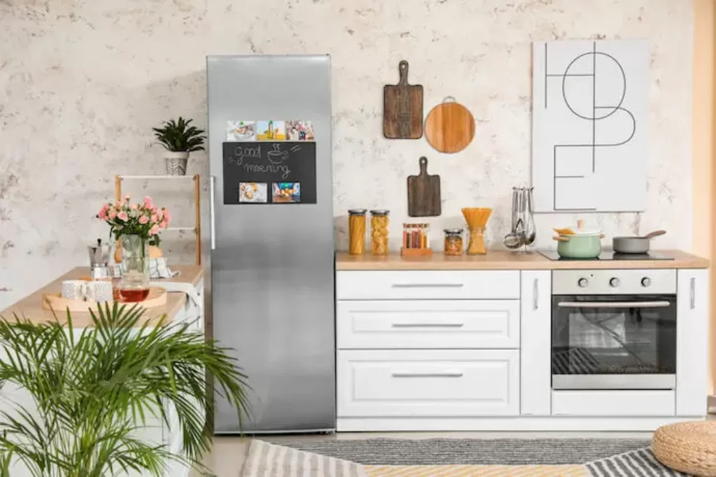 Uma geladeira inverter compacta em uma cozinha pequena.