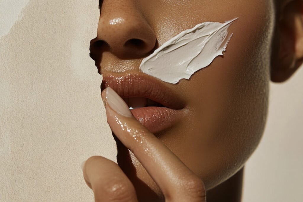 Metade do rosto de uma mulher com creme.