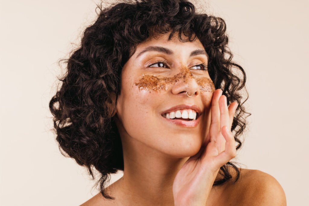 Mulher de cabelo curto e piercing no septo passando um esfoliante marrom no rosto.