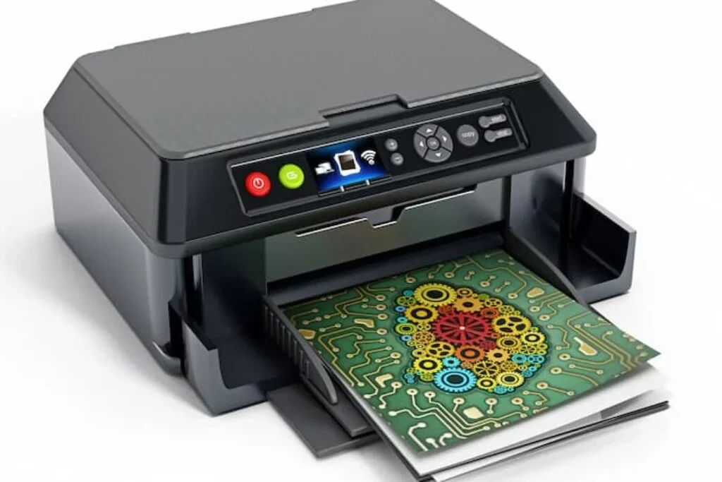Uma impressora compacta para escritório com algumas folhas impressas na bandeja de saída.