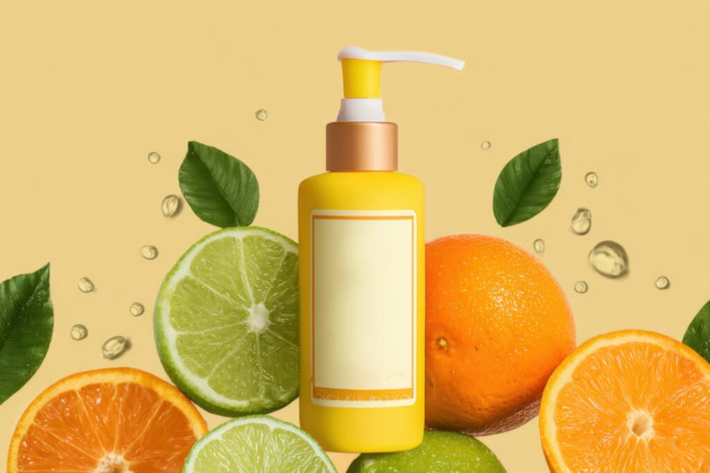 Embalagem de bronzeador ao lado de limão e laranja.