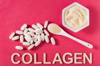 Comprimidos de colágelo e creme com a palavra "collagen".