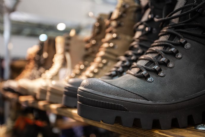 Coturnos militares na prateleira.