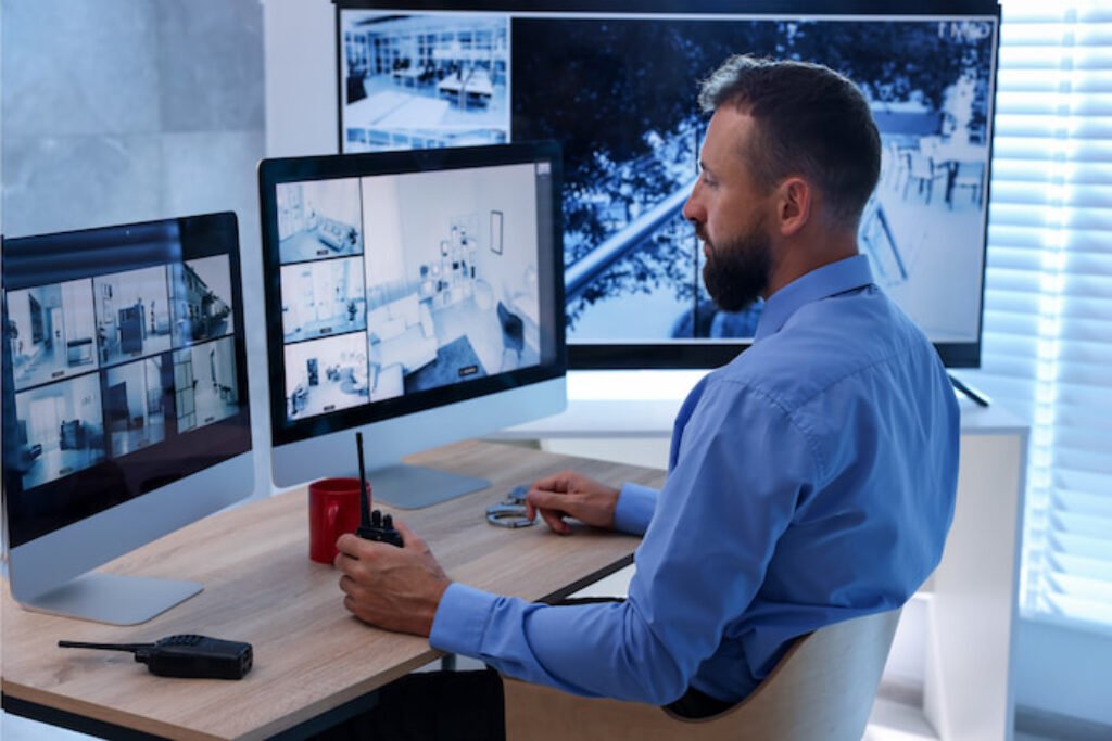 Homem trabalhando com dois monitores.