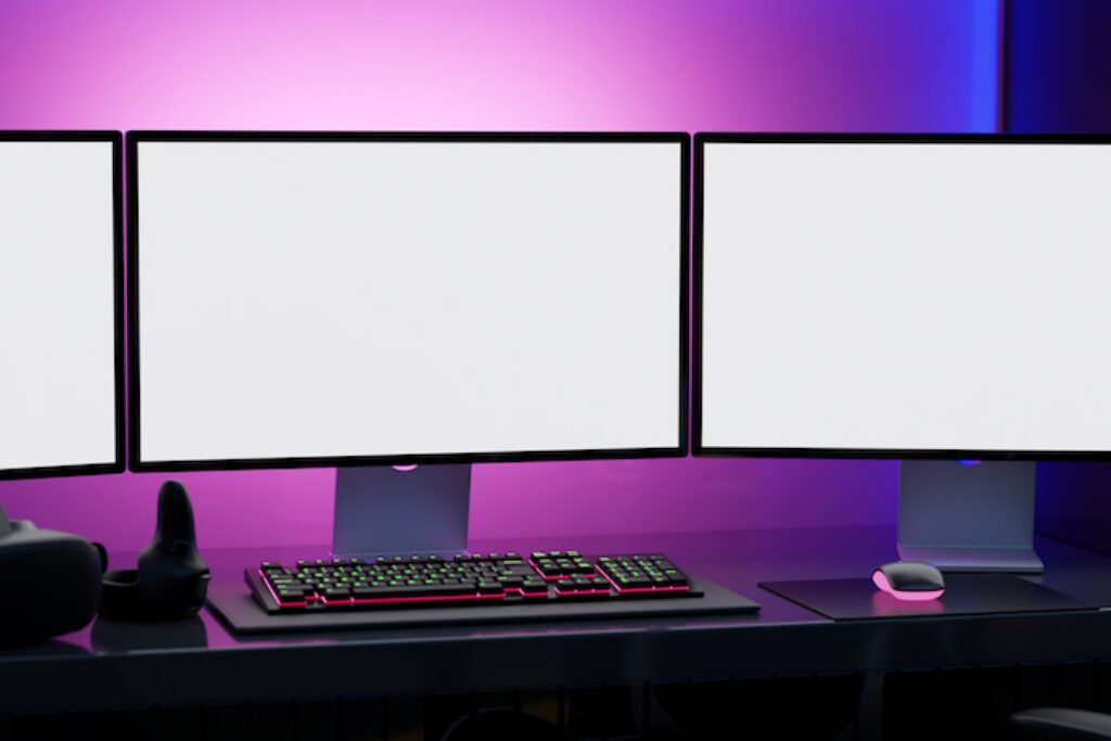 Três monitores gamers.